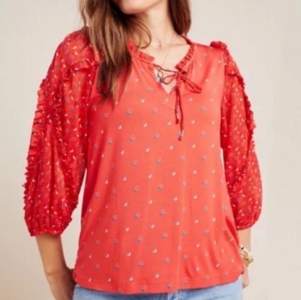 Antropologie Maeve Red Ruffle Circle Pattern Jacquin Lace Sleeve Blouse